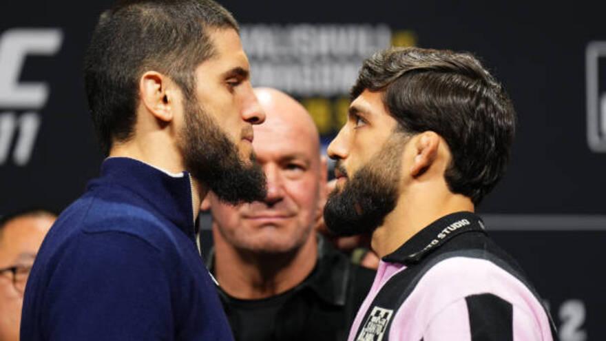 Ислам Махачев пен Арман Царукян UFC 311 турнирінде реванш алдында көз күрестірді